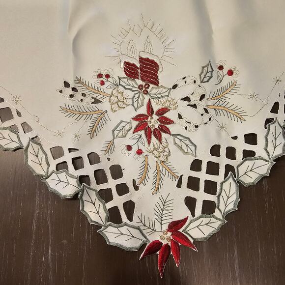 Holiday Fireplace Decor-Embroidered Poinsettias, Candles and Holly Berries 47x20 - Picture 3 of 8